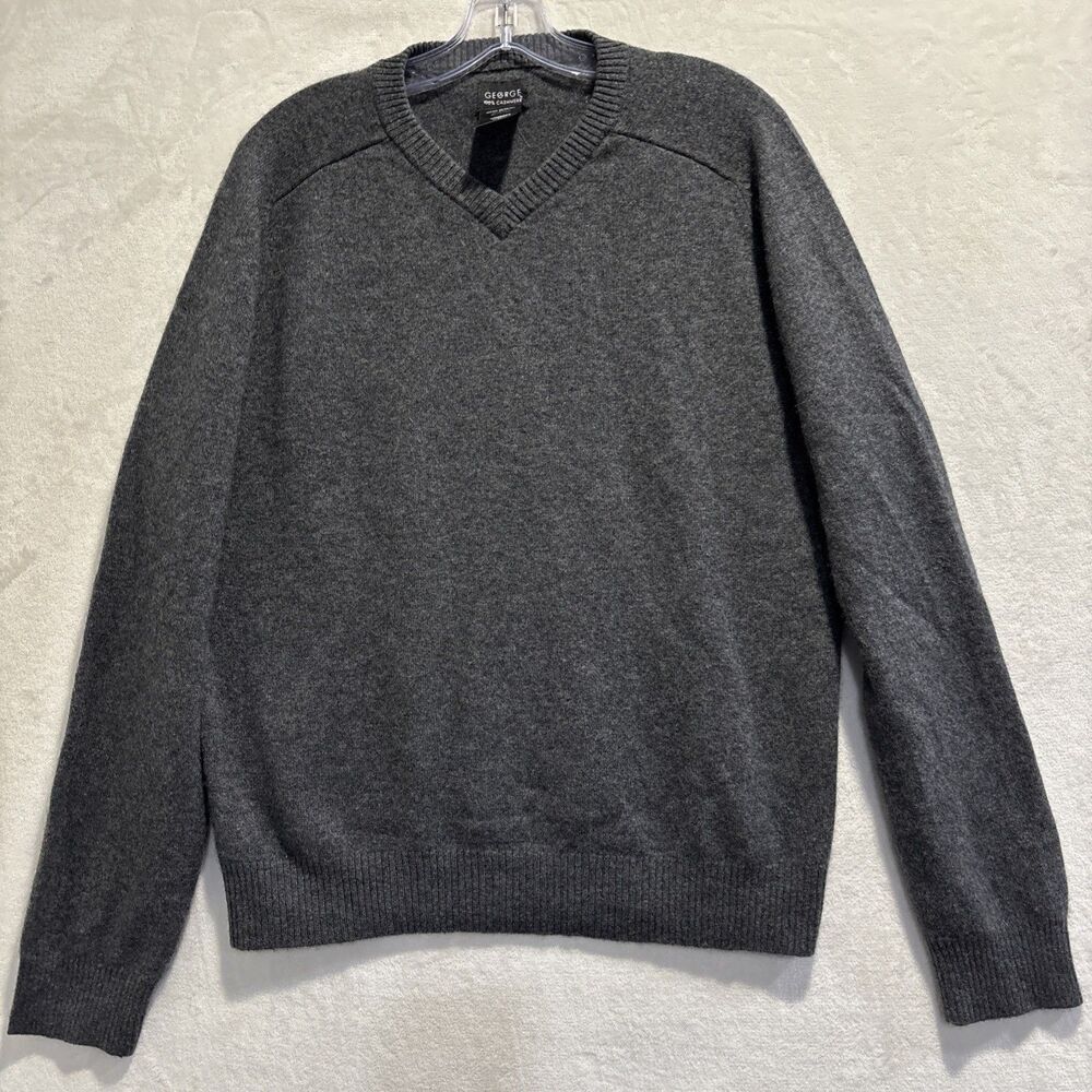 George 100% Cashmere Sweater Gray V Neck Pullover Long Sleeve Men's Medium 38 40